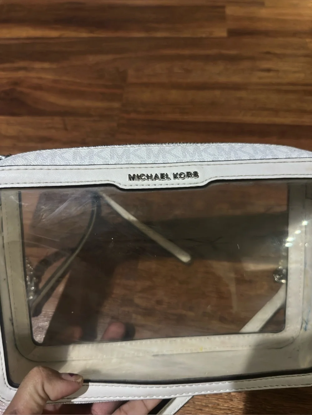 Michael Kors Jet Set Large East/West Clear Crossbody Bag in white signature